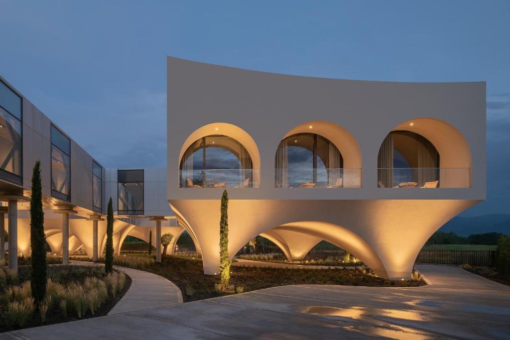 The Alaverdi Resort building lit at dusk