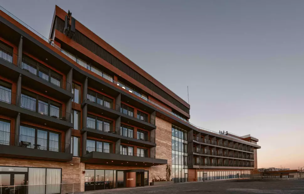 The Bodbe hotel building at dusk