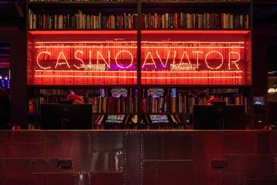 The neon Casino Aviator sign in the venue in Tbilisi
